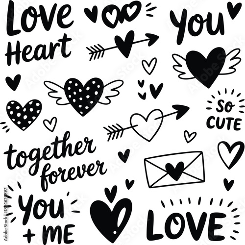 Hand drawn black and white love themed doodles and lettering including hearts, arrows, and romantic phrases