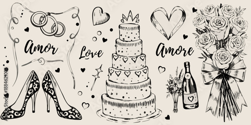 Elegant wedding elements cake rings shoes champagne and romantic floral bouquet