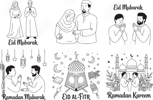 Hand drawn line art illustrations of people celebrating Eid Mubarak and Ramadan holidays