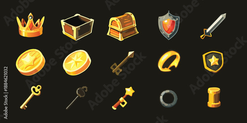 Collection of fantasy game items crown chest coins keys and shields