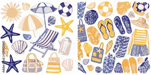 A colorful collection of summer beach themed illustrations and decorative elements