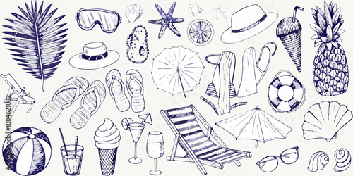 A charming collection of hand drawn summer essentials and tropical vacation items
