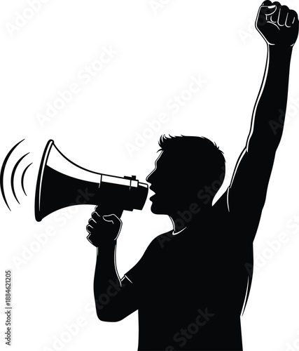 Silhouette activist raising fist with megaphone symbolizing protest, freedom of speech, social justice movement, political demonstration, and powerful public advocacy
