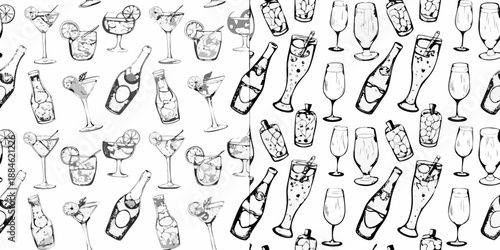 A seamless pattern of sketched cocktail glasses and celebratory champagne bottles