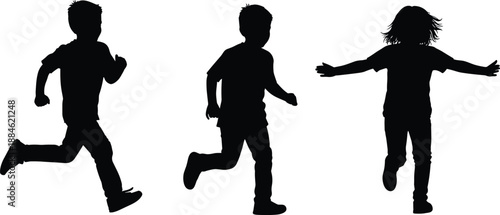 Running children silhouette set showing active kids in motion, playful childhood activity, outdoor exercise, freedom, energy, and healthy lifestyle concept illustration