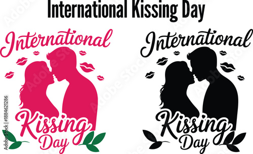 Two vibrant graphic designs celebrating International Kissing Day with romantic couple silhouettes and decorative lips
