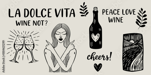 A charming illustration featuring wine a woman and celebratory phrases