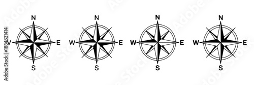 Collection of four black and white simple compass rose icons with cardinal directions N, S, E, W and V for north, east, south, west and value