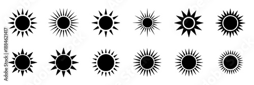 Collection of twelve stylized black sun icons with varied ray designs on a white background, graphic resource for weather, summer, or energy concepts