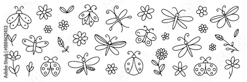 Charming hand-drawn doodle collection of ladybugs, butterflies, dragonflies, and flowers in a whimsical, simple line art style on white.