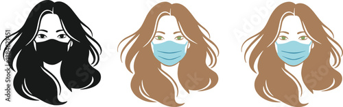 Woman Wearing Protective Face Mask Portrait Icons Illustration Showing Silhouette and Flat Vector Styles for Health Safety, Pandemic Prevention and Medical Awareness Design