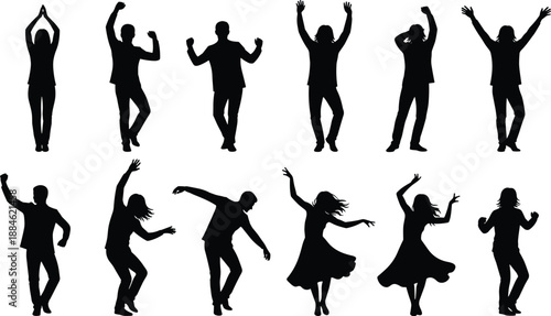 Dancing People Silhouette Collection Illustration Showing Men and Women Performing Energetic Dance Moves, Party Motion and Celebration Poses in Black Vector Style