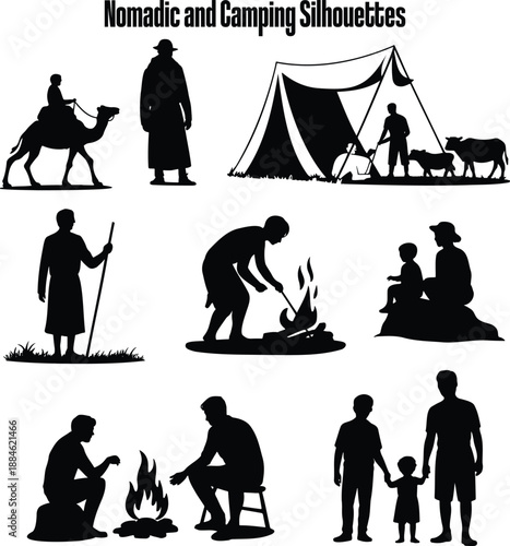 Various black silhouettes showing people engaged in nomadic lifestyle and camping activities
