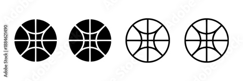 Set of four stylized basketball icons, two solid black and two outline, displayed horizontally on a white background, representing sport and game graphics.
