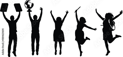 Graduation celebration silhouettes with students jumping holding books and globe symbolizing education success, academic achievement, global learning, and future opportunity concept
