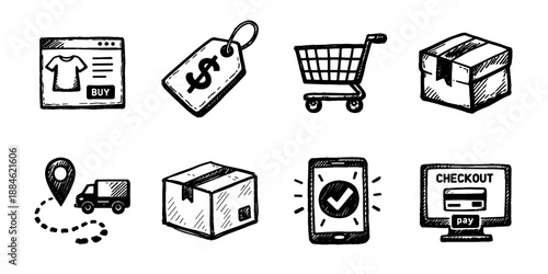 Online shopping sketch icon collection in black. Set of ecommerce, pricing, cart, delivery and checkout icons in doodle style