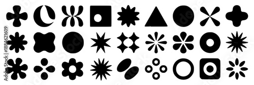 Diverse collection of black abstract organic and geometric shapes, symbols, and icons on a white background, flat design elements