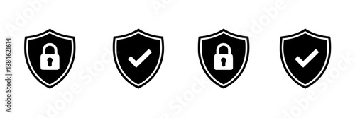 Collection of black shield icons representing security, privacy, and protection with lock and checkmark symbols on a white background