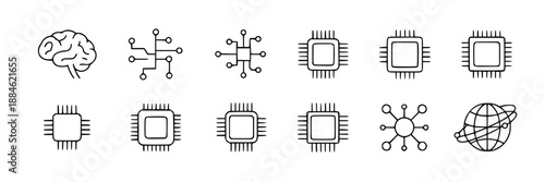 Collection of minimalist line art icons: brain, circuit board, CPU processors, network node, and globe for technology and AI concepts.