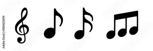 Collection of black flat design music notes including a treble clef, eighth note, sixteenth notes, and beamed eighth notes on a white background.