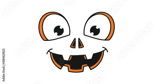 Cheerful halloween face illustration with large eyes and a toothy grin in orange and black, reminiscent of a pumpkin carving.