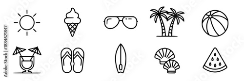 Collection of minimalist black line art summer vacation icons: sun, ice cream, sunglasses, palm trees, beach ball, cocktail, flip-flops, surfboard, seashells, watermelon slice.