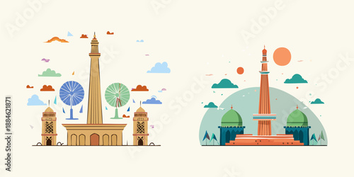 Vector illustration of famous Islamic architecture with mosque domes and tall tower in modern flat style.