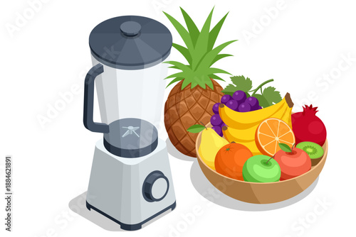 Blender with fruit bowl. Blender smoothie. Isometric blender with bowl of fresh fruit. Healthy food concept with kitchen appliance for juice and smoothie preparation