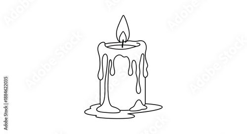 Simple black line art illustration of a thick burning candle with wax dripping down its sides on a small base for the home.