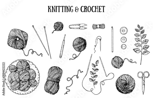 Knitting and crochet sketch. Vector hand drawn collection. Engraved style. Sketch collection. Design elements.