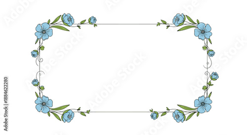 Elegant rectangular frame decorated with delicate blue flowers and green leaves in each corner for a beautiful floral border.