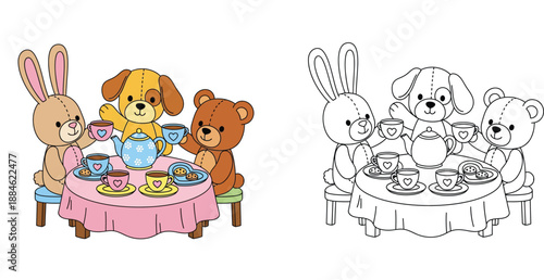 Cute stuffed animals tea party vector illustration with rabbit, dog, and bear including black and white coloring book outline.
