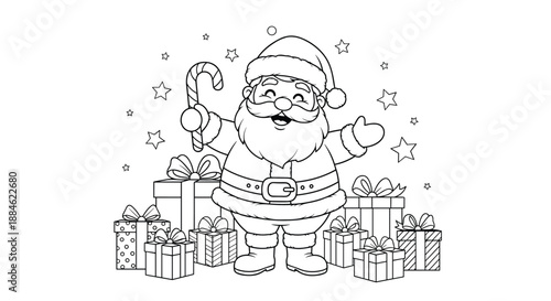 Jolly black and white line art illustration of santa claus holding a candy cane and surrounded by many wrapped holiday gifts.
