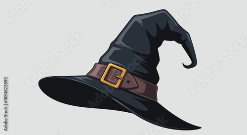 Detailed illustration of a classic black pointed witch hat with a brown leather belt and golden buckle for halloween costumes.