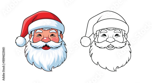 Cheerful Santa Claus head illustrations are presented in both a vibrant full-color version and a clean black and white line-art style.