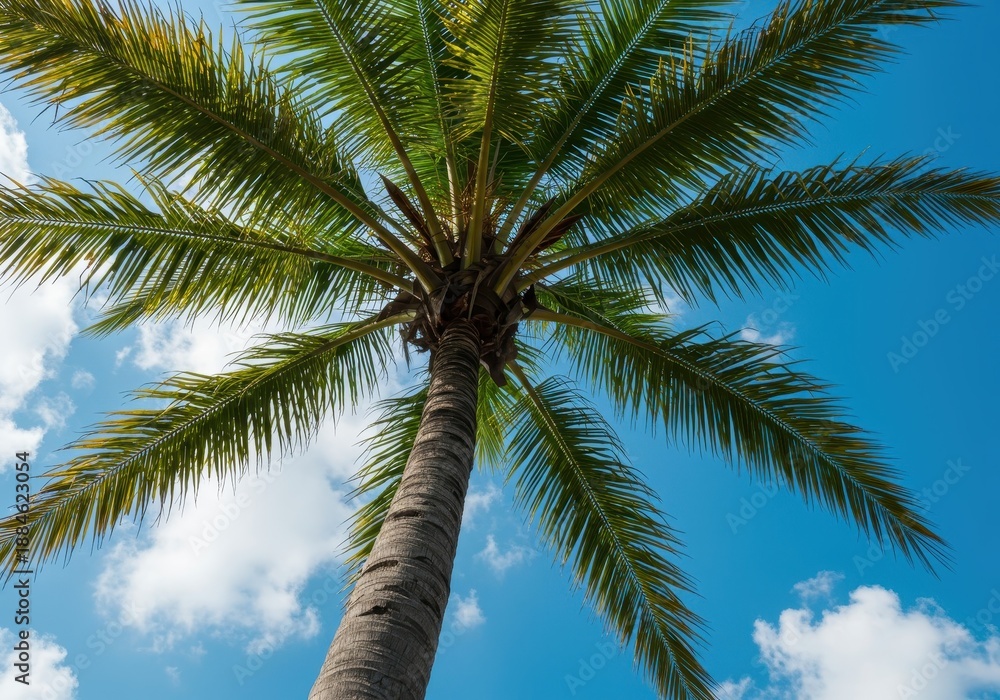 Fototapeta premium Low angle view capturing the rugged trunk and vibrant green fronds of a palm tree silhouetted against a brilliant blue tropical sky and soft white clouds, coastal, detail, island