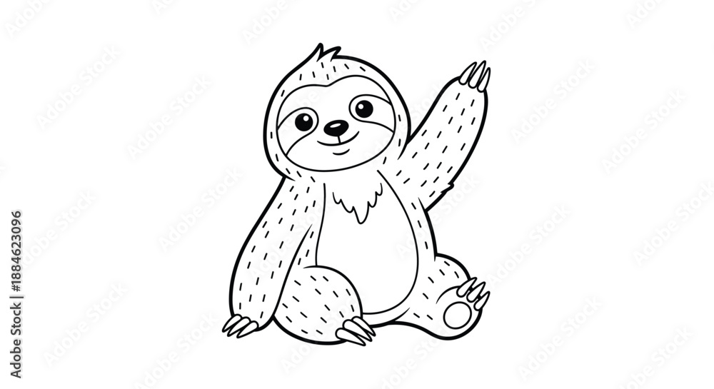 Obraz premium Adorable baby sloth is waving a friendly greeting in this charming black and white line-art illustration suitable for coloring pages.