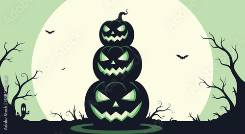Stack of three glowing jack-o-lanterns stands in a spooky graveyard under a large full moon with bats and dead trees for Halloween.