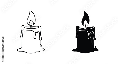 Two melting wax candles with lit flames are presented as a simple line-art drawing and a solid black silhouette for versatile design.
