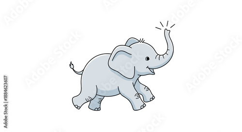 Charming baby elephant illustration shows the young animal walking happily and raising its trunk towards several small light rays.
