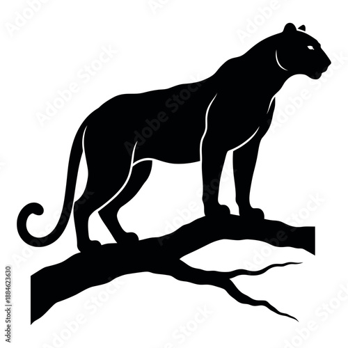 Black silhouette panther standing on tree branch wild animal vector illustration predator cat nature wildlife forest leopard hunting profile safari wilderness outdoors big feline