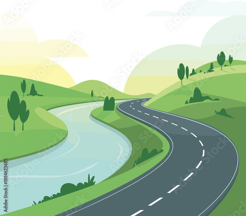 Road at the river in the morning beautiful green natural landscape vector background.