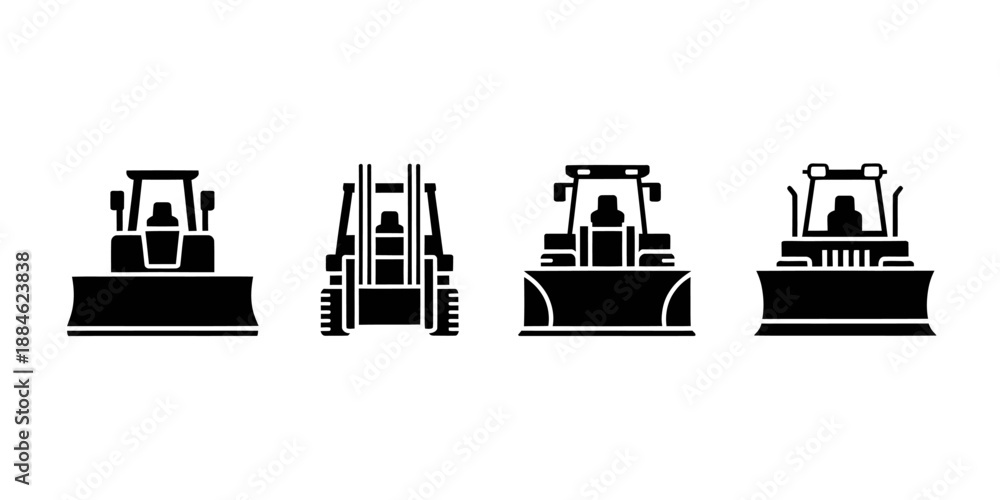 Fototapeta premium Four Construction Vehicles Lineup Heavy Machinery Icons Set