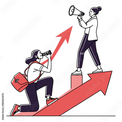 Visionaries on the Rise: Two determined individuals, one guiding the path with a megaphone while the other charts the course with binoculars, collaborate on an upward trajectory.