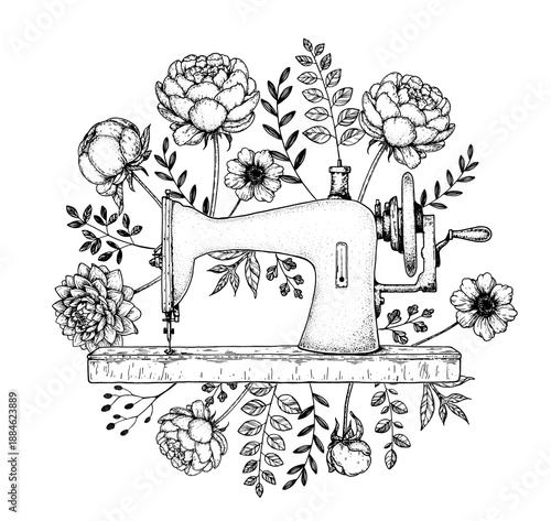Vintage sewing machine, twigs and flowers. Hobby packaging design. Hand drawn vector illustration.
