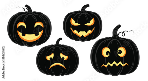 Quartet of black halloween pumpkins with bright yellow interior glows showing happy, scary, sad, and confused facial expressions.