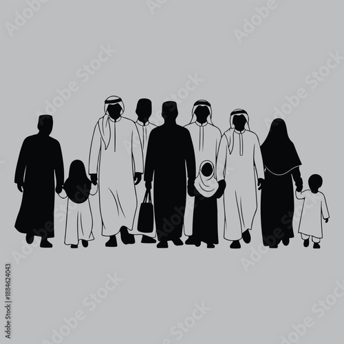 Muslim Family Walking Together Silhouette vector design art and illustration
