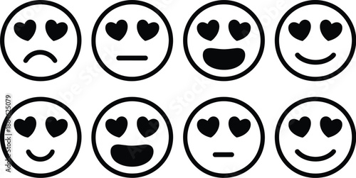 Emotional Face Icons with Heart Eyes Displaying Different Mood Reactions and Feelings