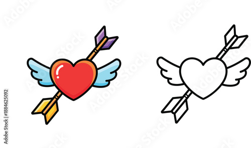 Cute winged heart with arrow vector illustration set. Red romantic symbol and black line art outline for coloring book page. Valentine's day cupid icon design isolated on white background.