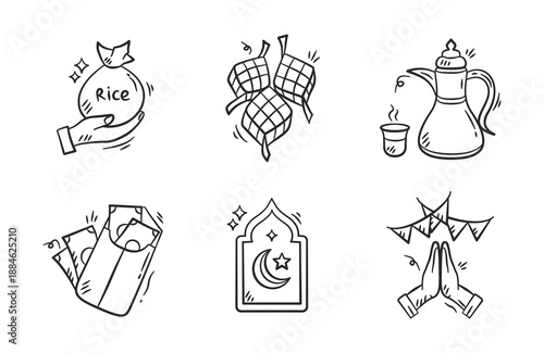 Eid al fitr doodle icon collection. Ramadan hand drawn illustration set. Eid Mubarak celebration activity background containing rice, ketupat, kettle, money gift, crescent moon and forgiving hands.